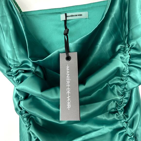 NWT Manière De Voir Emerald Green Satin Ruched Mini Dress US 8 CrossStrap Halter - Picture 10 of 16